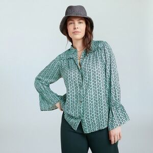 Anthropologie Maeve Green‎ Bird Print Peasant Plus Size 16 Button-Up Blouse